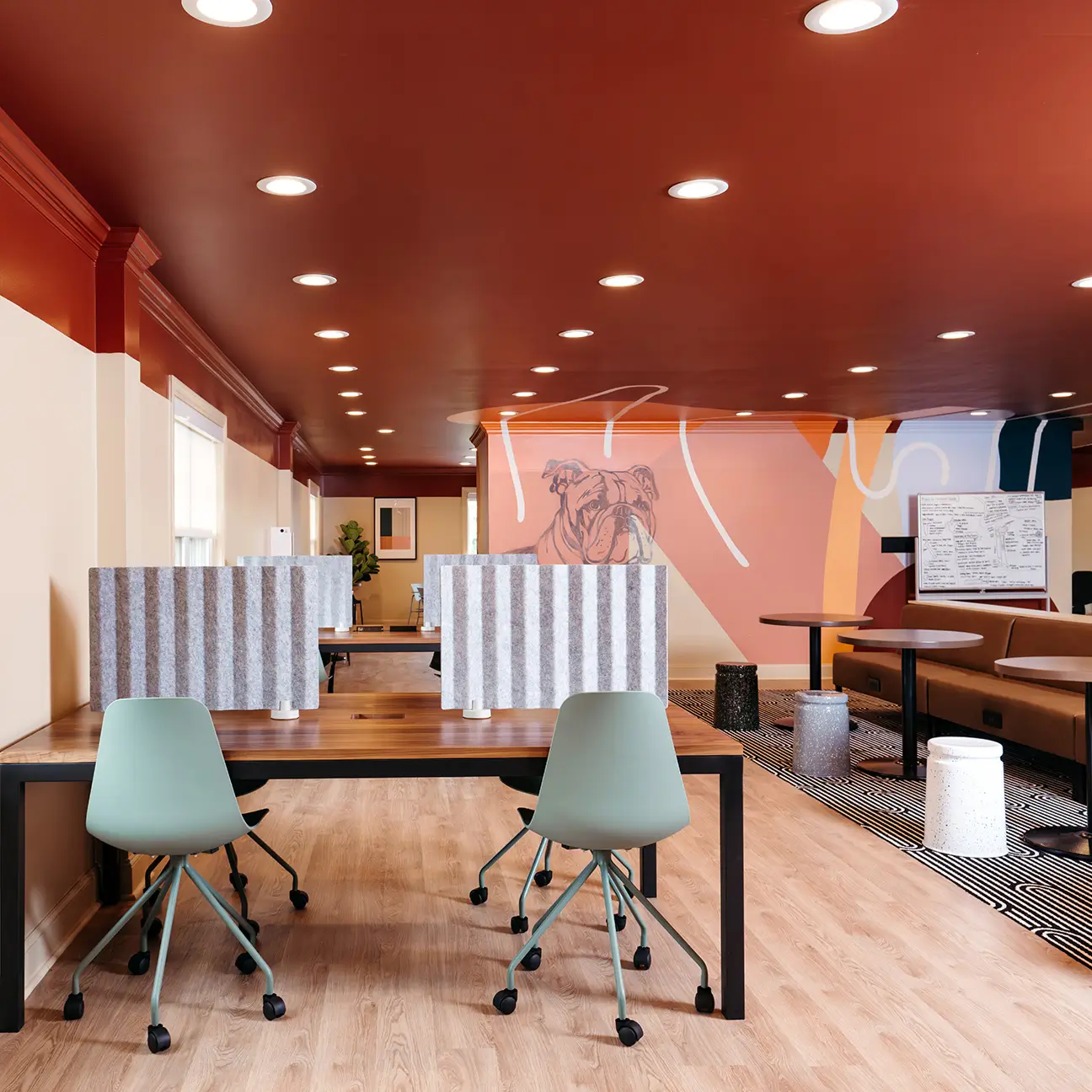 Study area with desks, blue chairs, and a pink accent wall