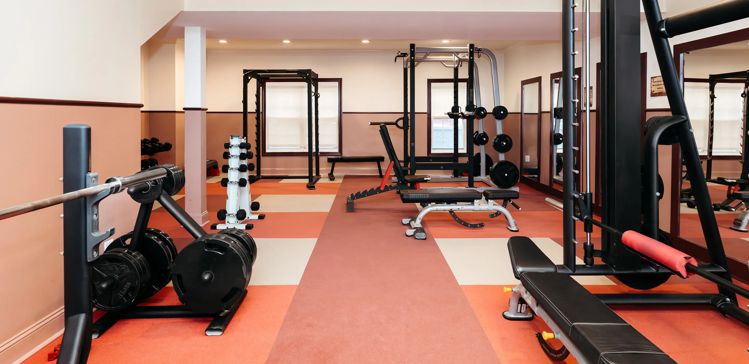 Fitness center with a squat rack, dumbbells, and coral flooring