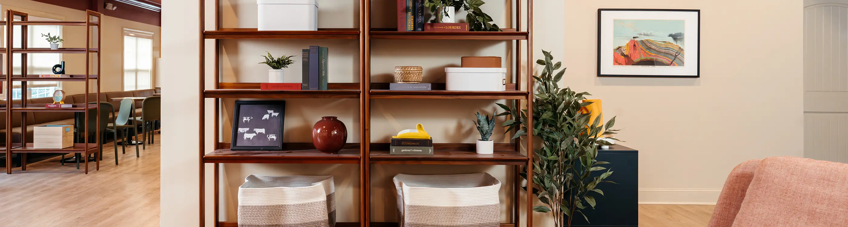 Wood shelving with books and decor